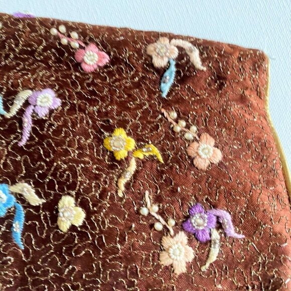 Vintage Bronze Satin hand  embroidered beaded Sequin Detail Foldover Clutch - Picture 6 of 12